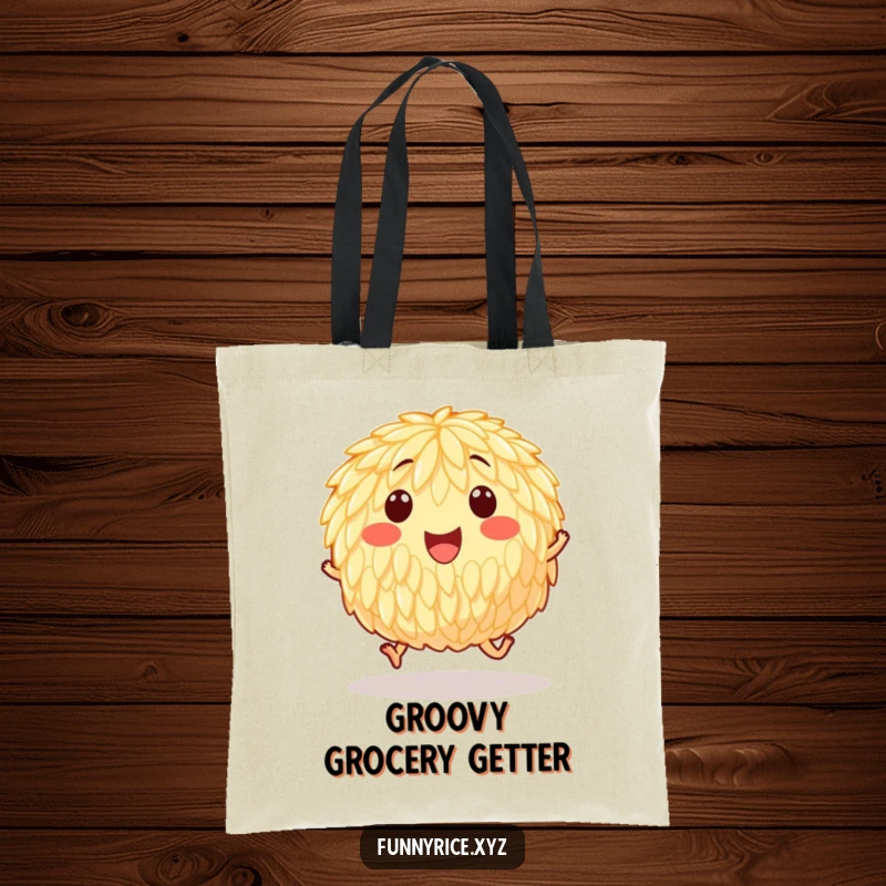 Funny tote bag featuring a happy grain of rice hopping with invisible feet, a practical accessory for joyful carry-alls.
