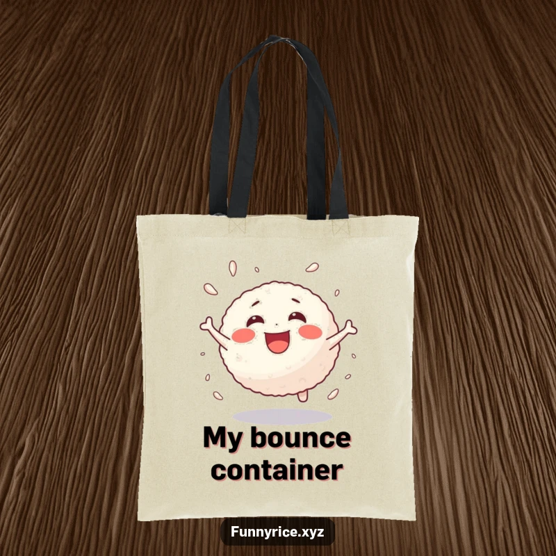 Funny tote bag featuring a joyful rice ball bouncing with energetic delight, ideal for daily use.