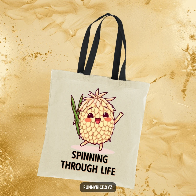 Funny Tote Bag: A delighted rice grain character in a playful spin, ready to bring smiles wherever you go.